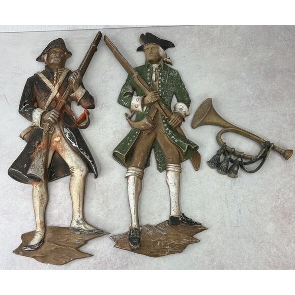 3 Vintage Sexton Cast Metal‎ Continental Army Minuteman Soldiers & BugleWall Art - Picture 1 of 16
